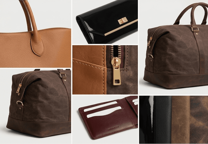 A selection of BagsArt leather goods — wallets, clutches, backpacks and totes